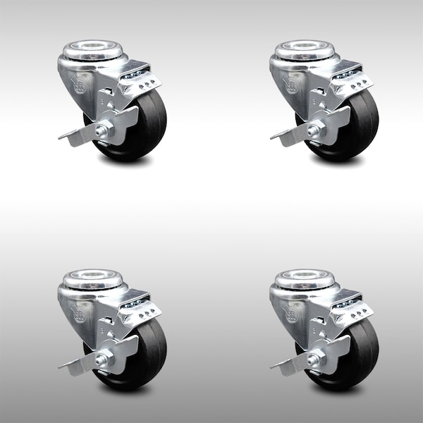 3 Inch SS Soft Rubber Wheel Swivel Bolt Hole Caster Set with Brake SCC